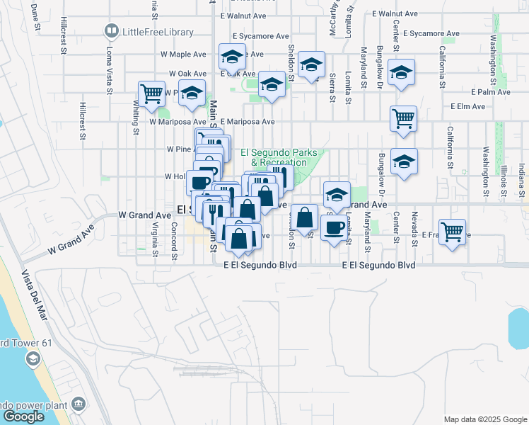 map of restaurants, bars, coffee shops, grocery stores, and more near 310 East Grand Avenue in El Segundo
