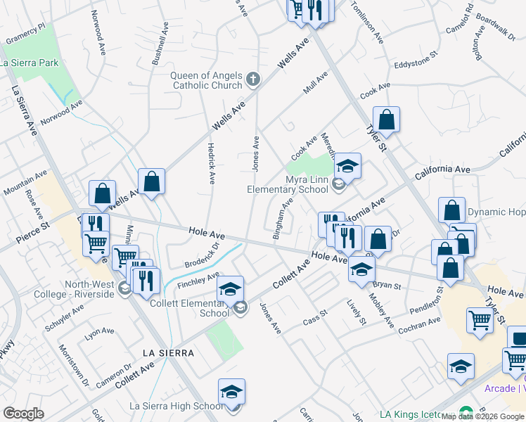 map of restaurants, bars, coffee shops, grocery stores, and more near 10615 Wolfe Avenue in Riverside