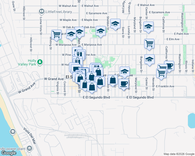 map of restaurants, bars, coffee shops, grocery stores, and more near 310 East Grand Avenue in El Segundo
