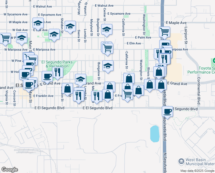 map of restaurants, bars, coffee shops, grocery stores, and more near 1111 East Grand Avenue in El Segundo