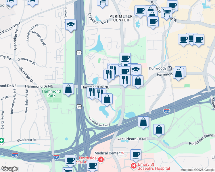 map of restaurants, bars, coffee shops, grocery stores, and more near 1034 Hammond Drive Northeast in Atlanta