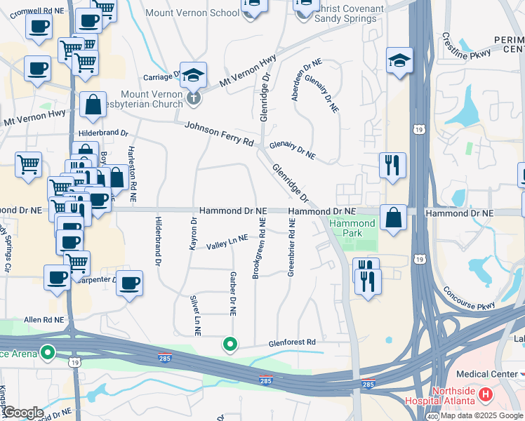 map of restaurants, bars, coffee shops, grocery stores, and more near Hammond Drive Northeast in Atlanta