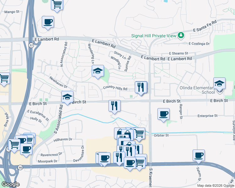 map of restaurants, bars, coffee shops, grocery stores, and more near 144 Country Club Drive in Brea