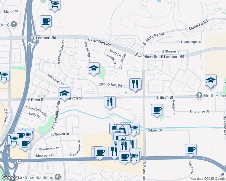 map of restaurants, bars, coffee shops, grocery stores, and more near 144 Country Club Drive in Brea