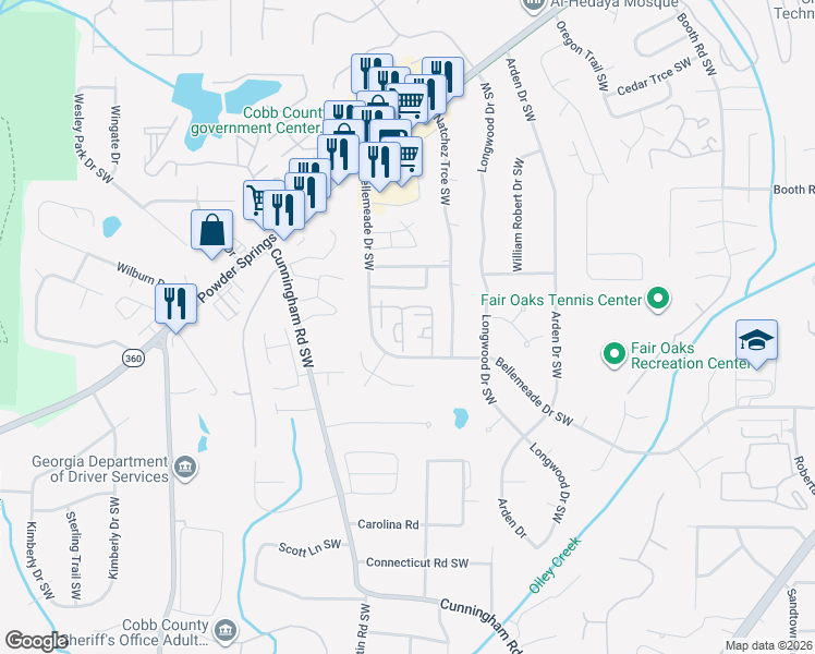 map of restaurants, bars, coffee shops, grocery stores, and more near 1394 Old Coach Road Southwest in Marietta