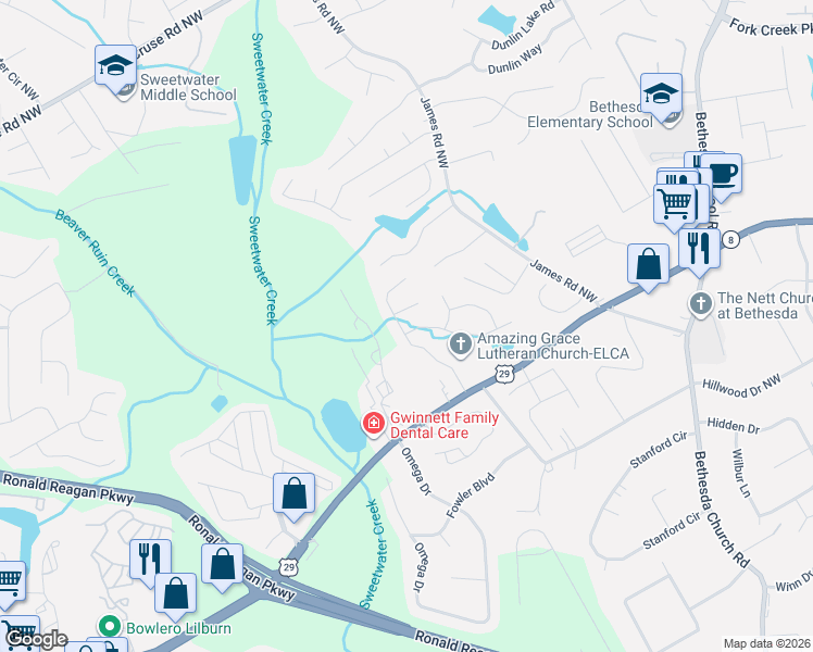 map of restaurants, bars, coffee shops, grocery stores, and more near 338 Sunnyside Court in Lawrenceville