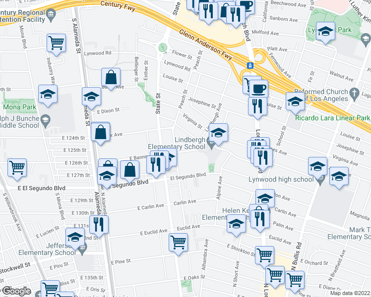 map of restaurants, bars, coffee shops, grocery stores, and more near 3155 Banning Avenue in Lynwood