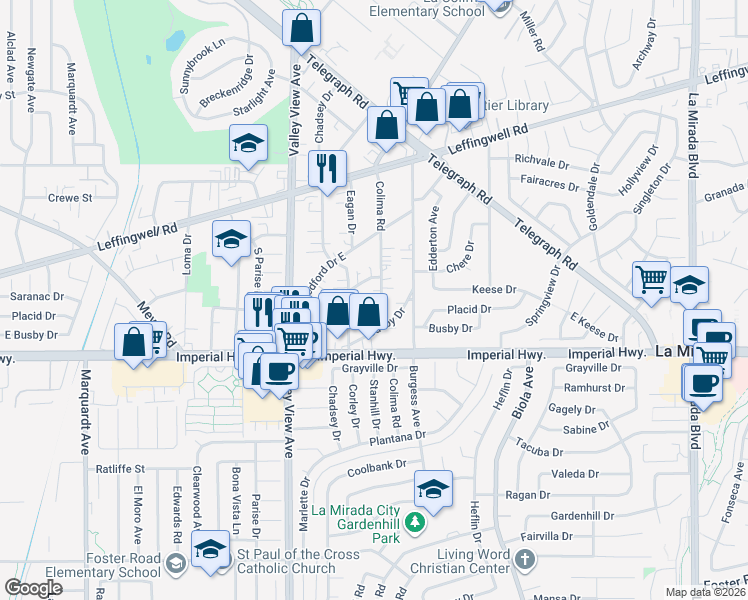 map of restaurants, bars, coffee shops, grocery stores, and more near 14318 Chere Drive in Whittier