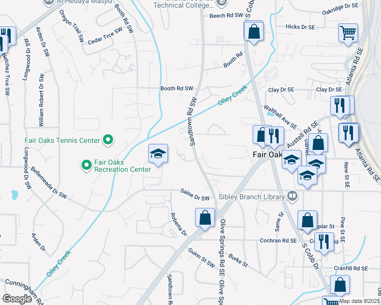 map of restaurants, bars, coffee shops, grocery stores, and more near 1398 Sandtown Road Southwest in Marietta