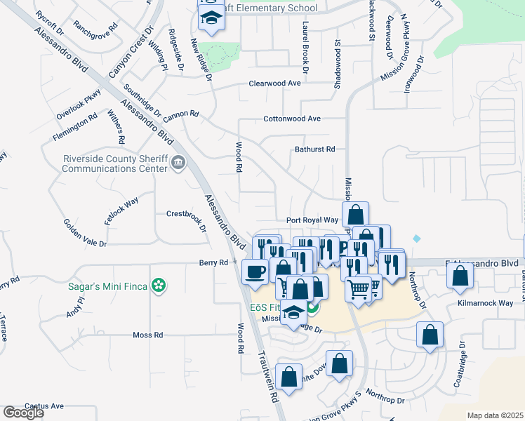 map of restaurants, bars, coffee shops, grocery stores, and more near 137 Sandpoint Lane in Riverside