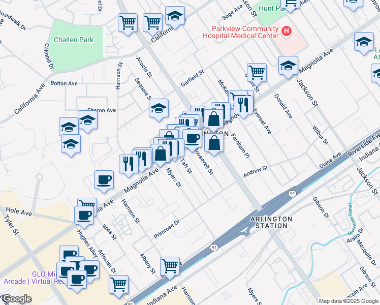map of restaurants, bars, coffee shops, grocery stores, and more near 9595 Magnolia Avenue in Riverside