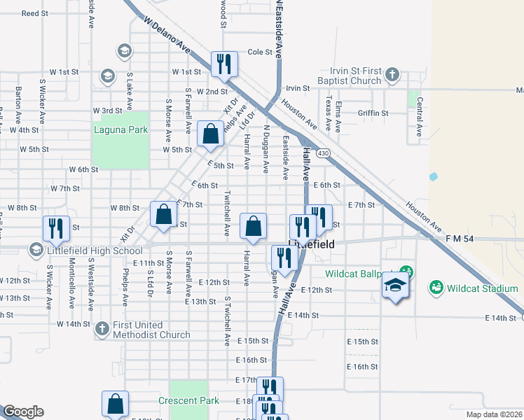 map of restaurants, bars, coffee shops, grocery stores, and more near 715 East 7th Street in Littlefield