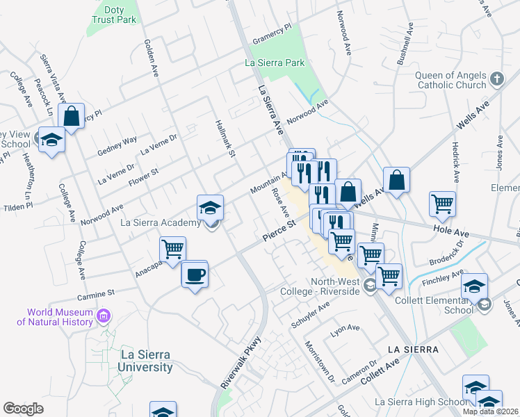 map of restaurants, bars, coffee shops, grocery stores, and more near 4959 Hollyhock Lane in Riverside
