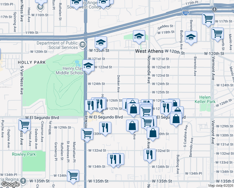 map of restaurants, bars, coffee shops, grocery stores, and more near 1604 West 125th Street in Los Angeles