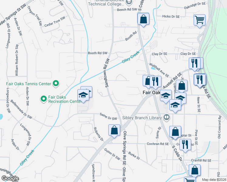 map of restaurants, bars, coffee shops, grocery stores, and more near 121 Creighton Lane in Marietta