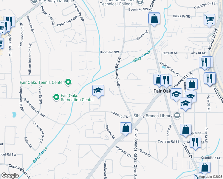map of restaurants, bars, coffee shops, grocery stores, and more near 1399 Sandtown Green Southwest in Marietta