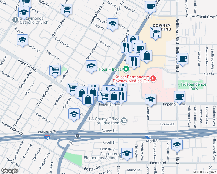 map of restaurants, bars, coffee shops, grocery stores, and more near 12450 Lakewood Boulevard in Downey