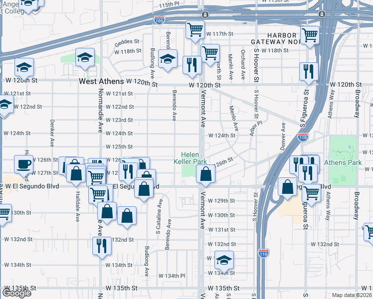 map of restaurants, bars, coffee shops, grocery stores, and more near 1031 West 125th Street in Los Angeles