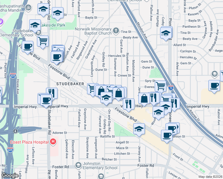 map of restaurants, bars, coffee shops, grocery stores, and more near 12312 Orr and Day Road in Norwalk