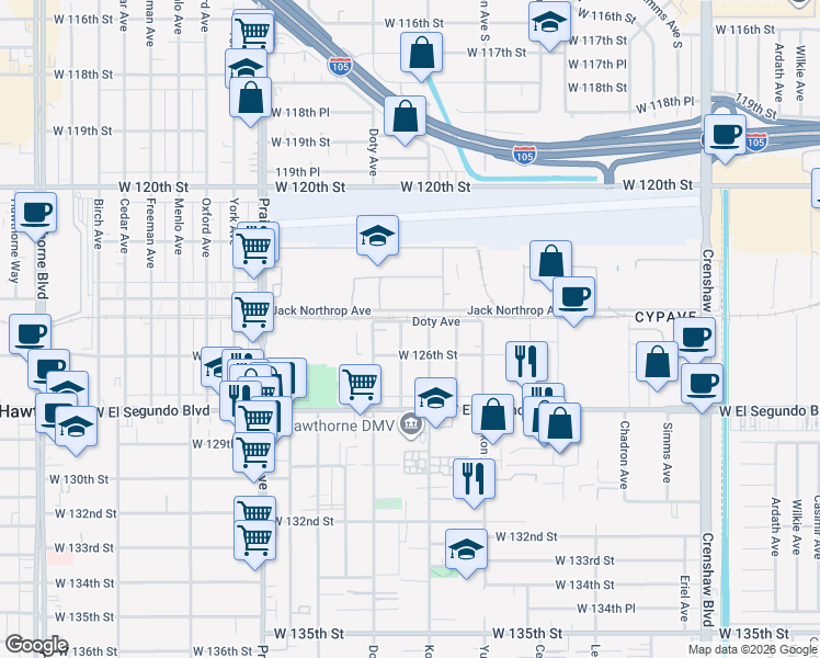 map of restaurants, bars, coffee shops, grocery stores, and more near 12500 Fonthill Avenue in Hawthorne
