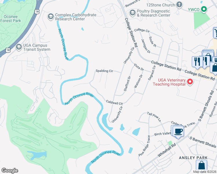 map of restaurants, bars, coffee shops, grocery stores, and more near 135 Phinizy Lane in Athens