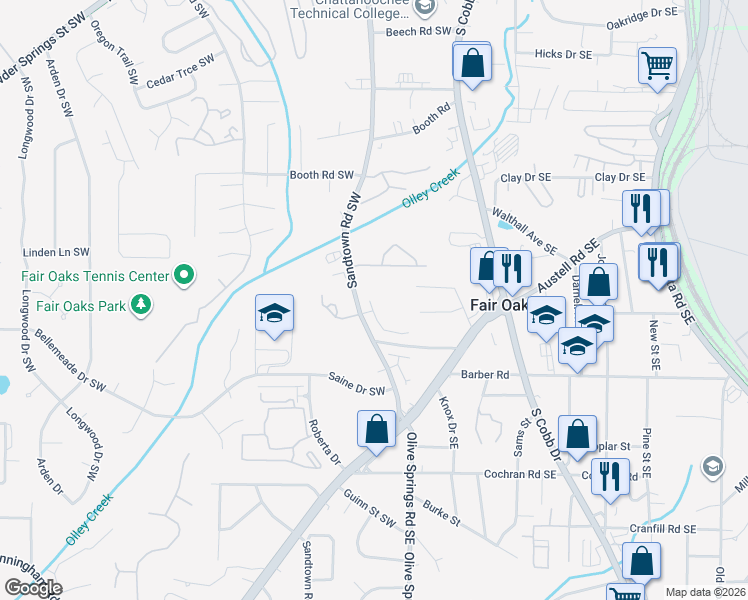 map of restaurants, bars, coffee shops, grocery stores, and more near 121 Creighton Lane in Marietta