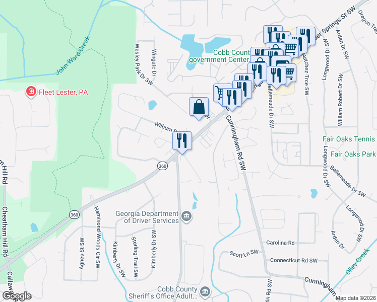 map of restaurants, bars, coffee shops, grocery stores, and more near 997 Wilburn Drive Southwest in Marietta