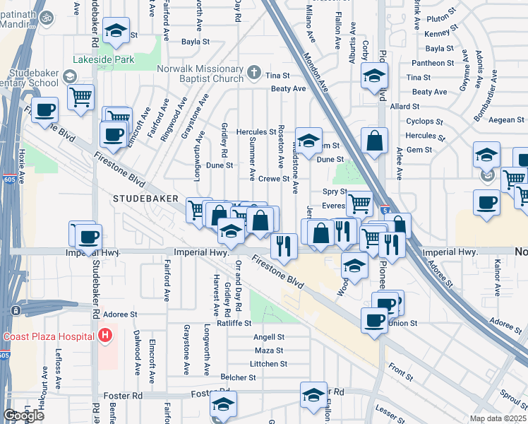 map of restaurants, bars, coffee shops, grocery stores, and more near 12313 Gard Avenue in Norwalk