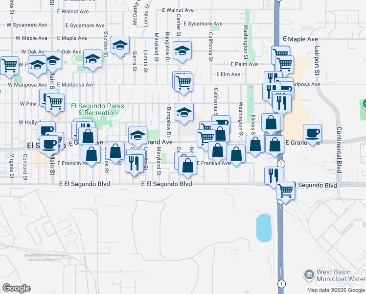 map of restaurants, bars, coffee shops, grocery stores, and more near 240 Center Street in El Segundo