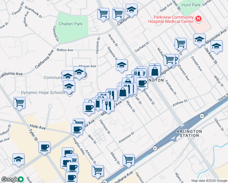 map of restaurants, bars, coffee shops, grocery stores, and more near 3884 Myers Street in Riverside
