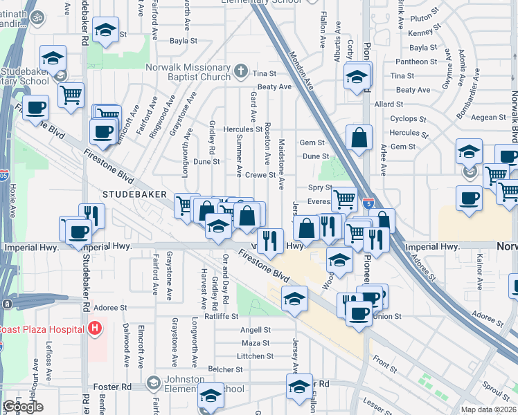 map of restaurants, bars, coffee shops, grocery stores, and more near 12313 Gard Avenue in Norwalk