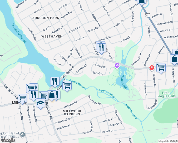 map of restaurants, bars, coffee shops, grocery stores, and more near 26 Harrell Street in Sumter