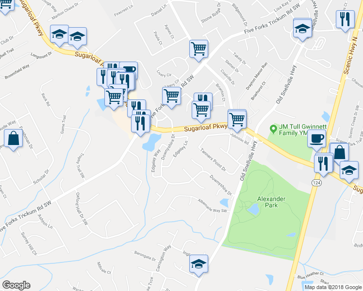 map of restaurants, bars, coffee shops, grocery stores, and more near 747 Edgeley Lane in Lawrenceville