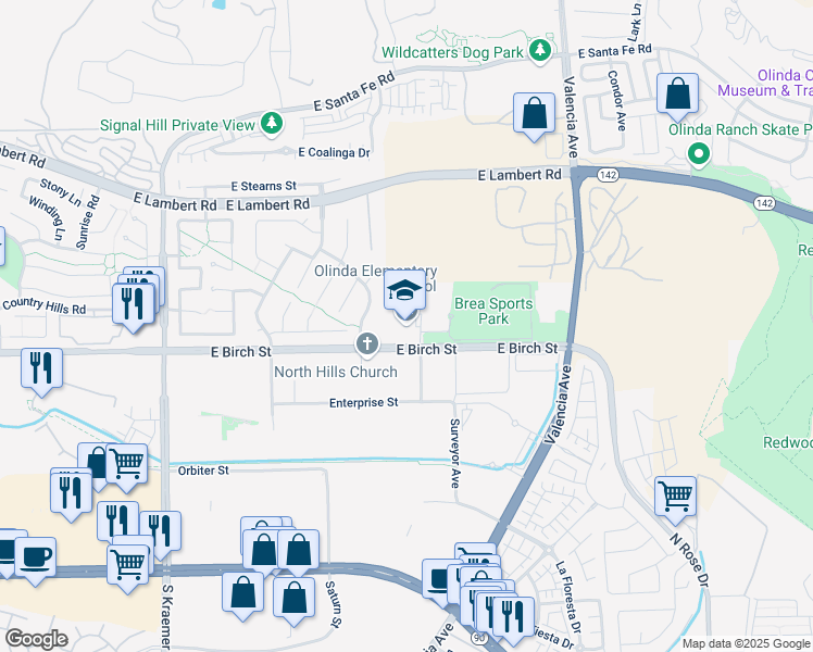 map of restaurants, bars, coffee shops, grocery stores, and more near 3145 East Birch Street in Brea