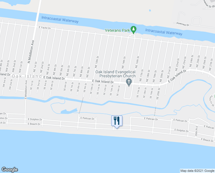 map of restaurants, bars, coffee shops, grocery stores, and more near 102 Southeast 12th Street in Oak Island