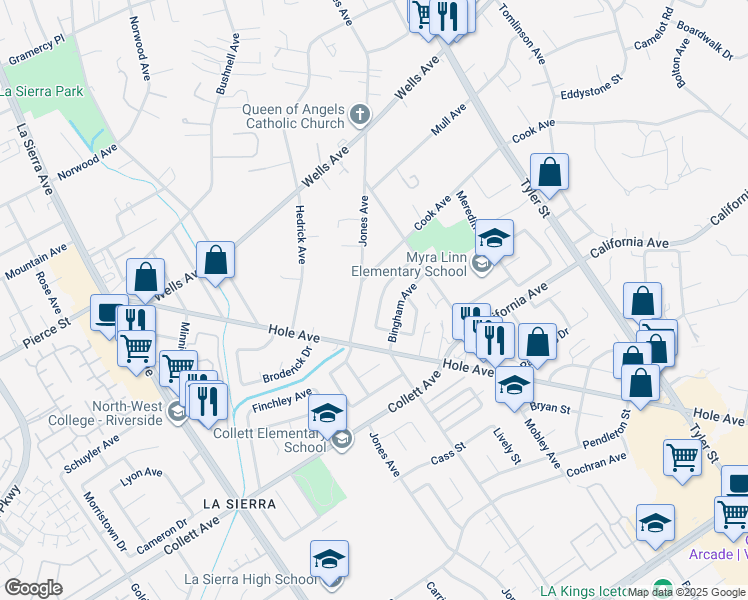 map of restaurants, bars, coffee shops, grocery stores, and more near 10589 Wolfe Avenue in Riverside