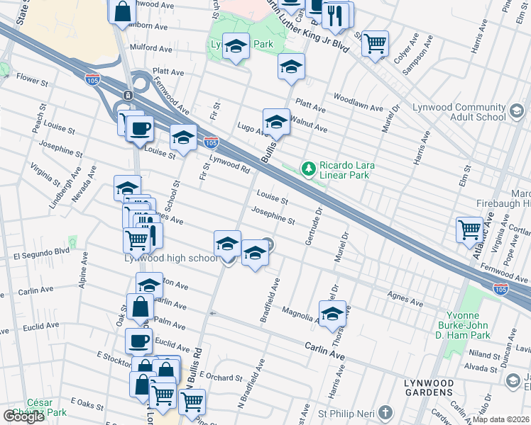 map of restaurants, bars, coffee shops, grocery stores, and more near 3832 Louise Street in Lynwood