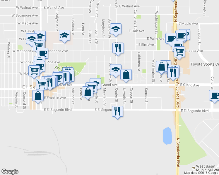 map of restaurants, bars, coffee shops, grocery stores, and more near 1003 East Grand Avenue in El Segundo