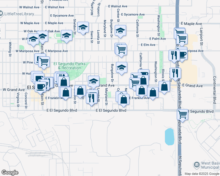 map of restaurants, bars, coffee shops, grocery stores, and more near 1003 East Grand Avenue in El Segundo