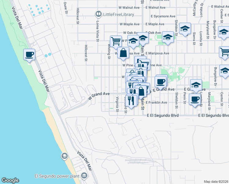 map of restaurants, bars, coffee shops, grocery stores, and more near 320 Whiting Street in El Segundo