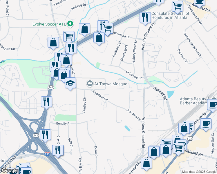map of restaurants, bars, coffee shops, grocery stores, and more near 2723 Beacon Drive in Doraville