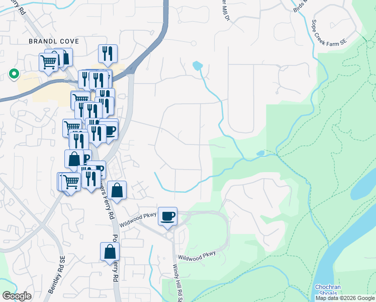 map of restaurants, bars, coffee shops, grocery stores, and more near 3232 Brookview Road in Marietta