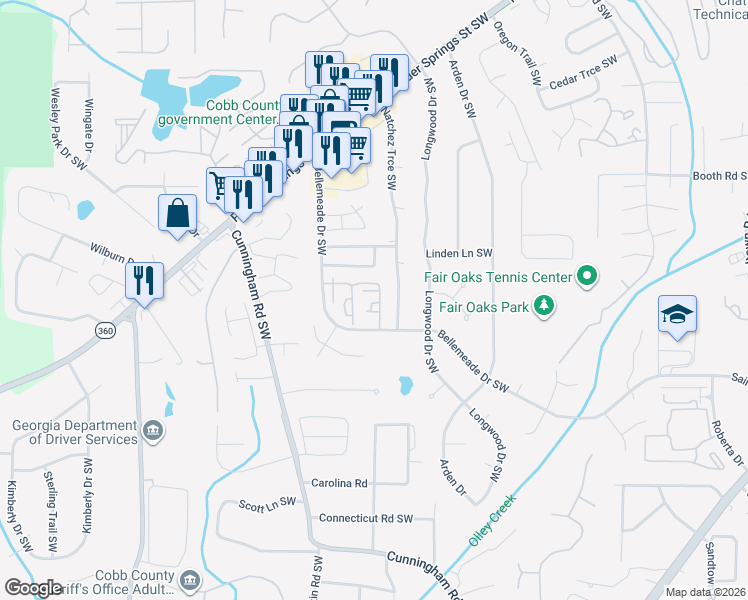 map of restaurants, bars, coffee shops, grocery stores, and more near 1354 Natchez Trce Southwest in Marietta