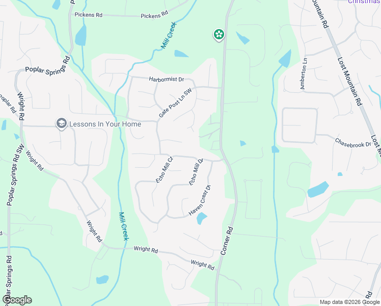 map of restaurants, bars, coffee shops, grocery stores, and more near 1390 Corner Road in Powder Springs