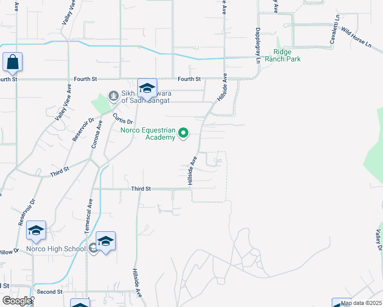 map of restaurants, bars, coffee shops, grocery stores, and more near 2560 Hillside Avenue in Norco