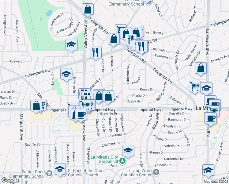 map of restaurants, bars, coffee shops, grocery stores, and more near 12126 Colima Road in Whittier