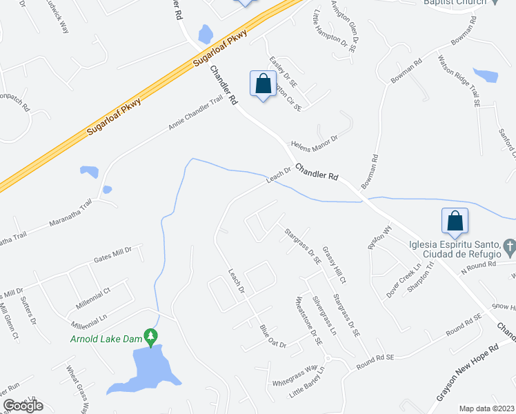 map of restaurants, bars, coffee shops, grocery stores, and more near 123 Silver Top Drive Southeast in Grayson
