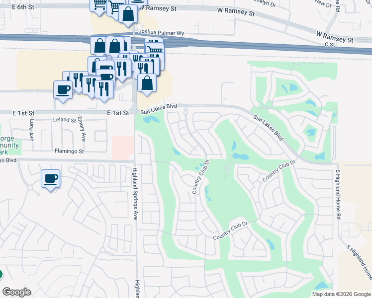 map of restaurants, bars, coffee shops, grocery stores, and more near 668 La Costa Drive in Banning
