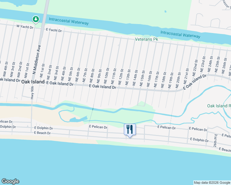 map of restaurants, bars, coffee shops, grocery stores, and more near 101-111 Southeast 11th Street in Oak Island