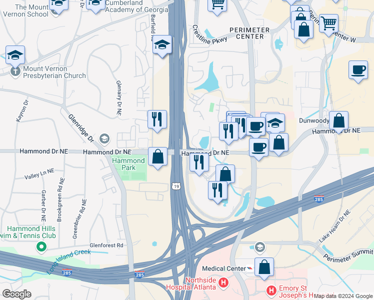 map of restaurants, bars, coffee shops, grocery stores, and more near 912 Hammond Drive in Atlanta